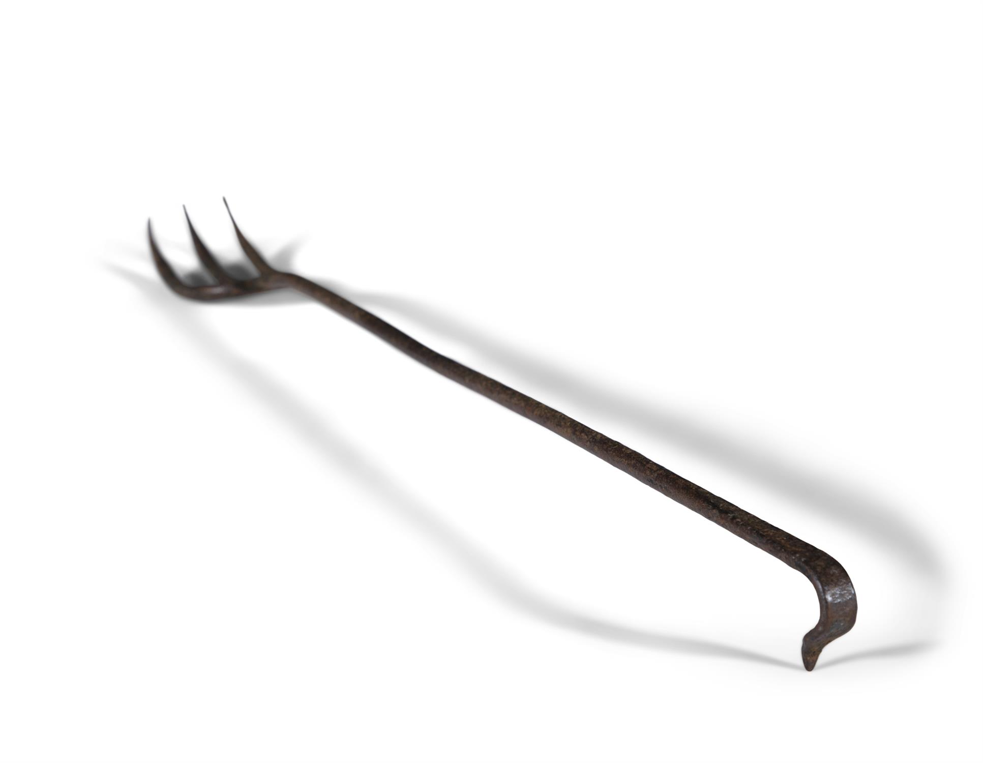 A 19TH CENTURY WROUGHT IRON THREE PRONG TOASTING FORK with hook end handle, 50cm long