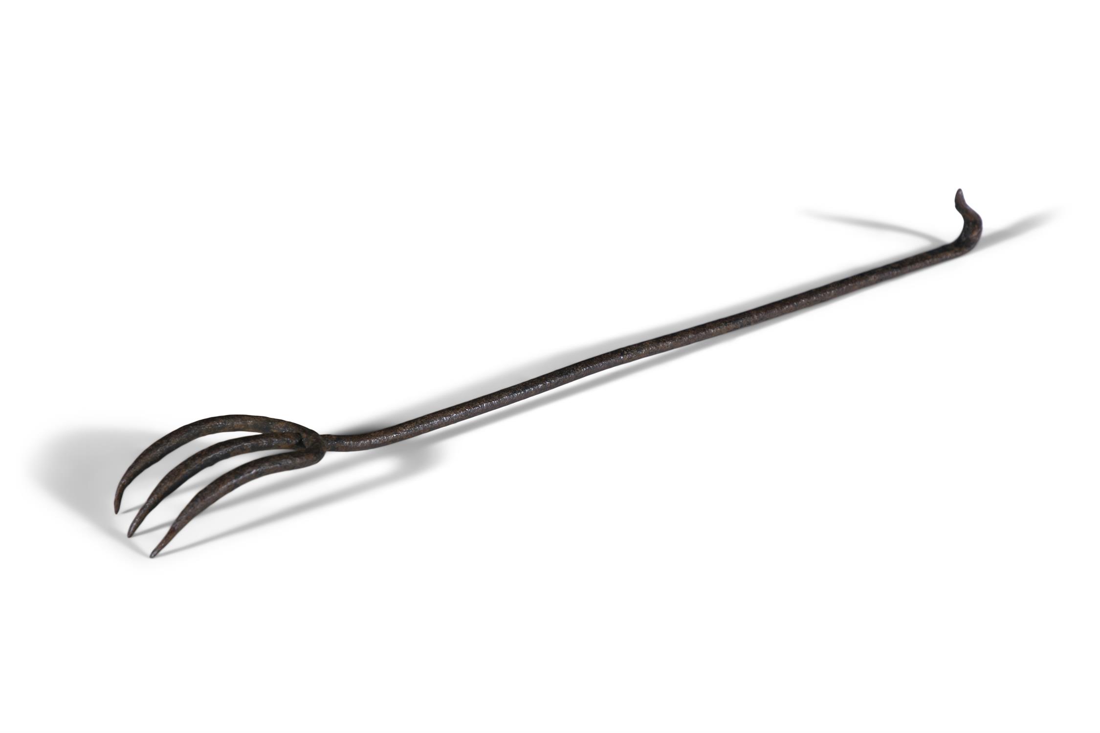 A 19TH CENTURY WROUGHT IRON THREE PRONG TOASTING FORK with hook end handle, 50cm long - Image 2 of 3