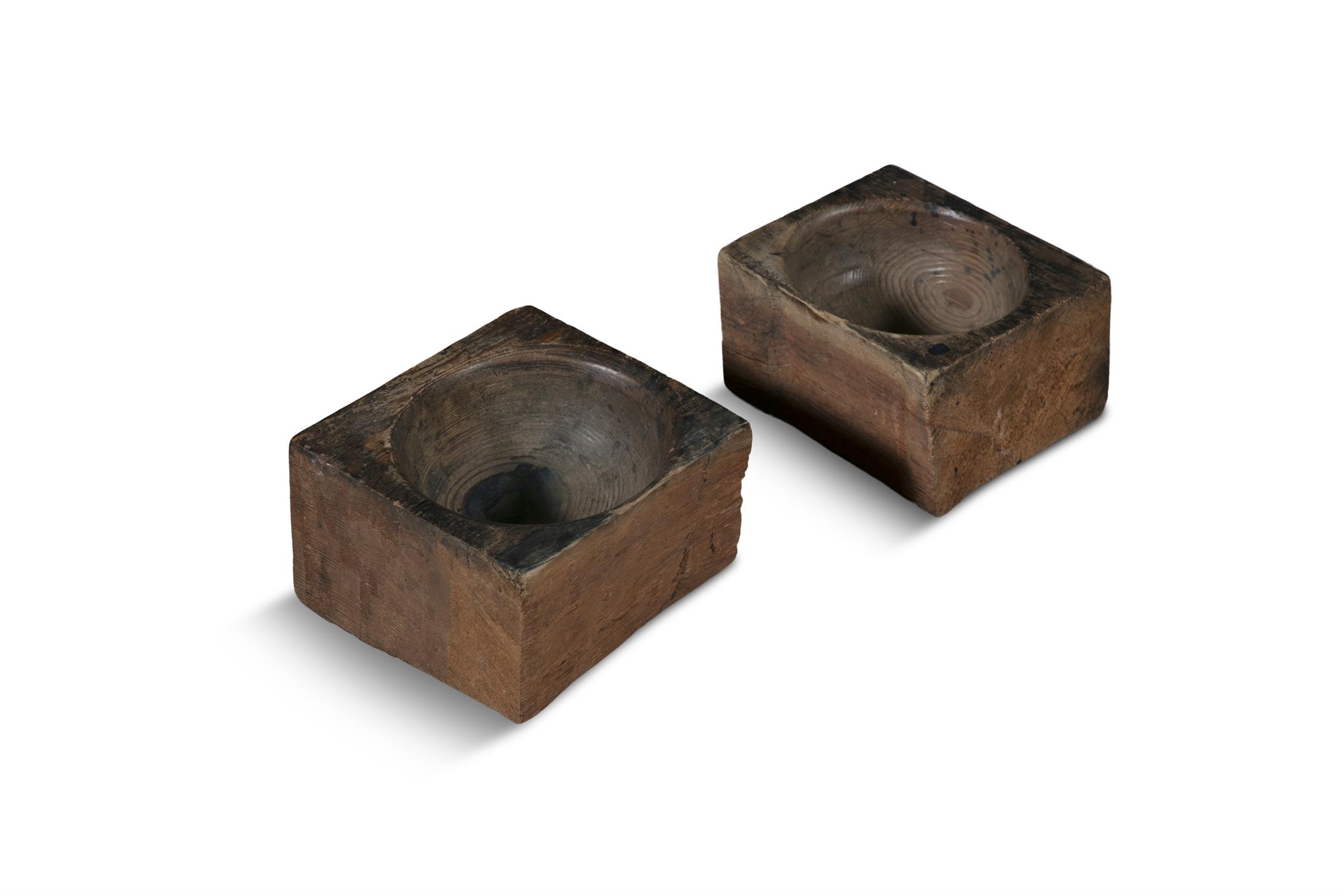 A PAIR OF TIMBER SQUARE SHAPED BLOCK PINE COUNTER WELLS 19cm high, 14cm wide, 15cm deep