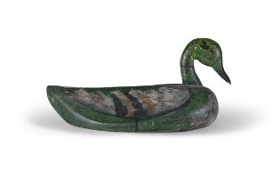 A GREEN PAINTED TIMBER DUCK DECOY 40cm long, 9cm wide, 10cm tall