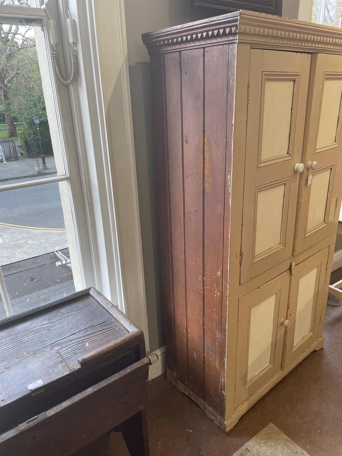 A 19TH CENTURY PAINTED PINE CUPBOARD, the cornice with saw-tooth dentil moulding above two twin - Image 12 of 14