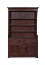 A 19TH CENTURY PAINTED PINE DRESSER, the moulded top above three open shelves with shaped side