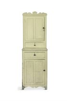 A 19TH CENTURY PAINTED PINE NARROW ESTATE CABINET, the shaped carved cornice above a two panel