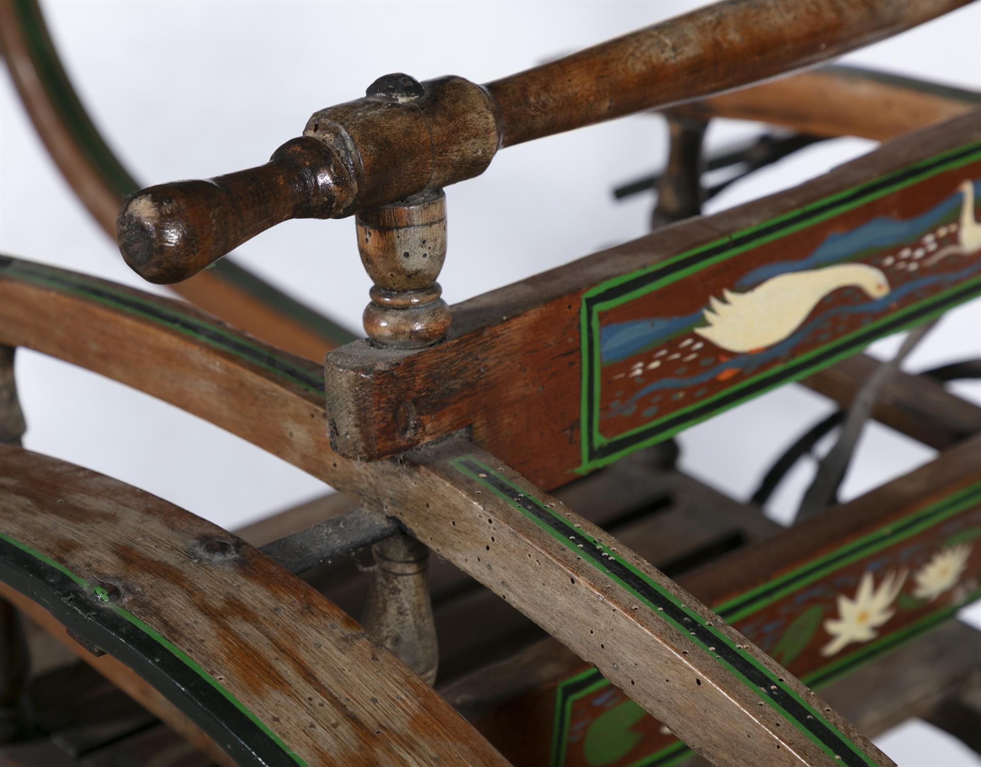 A CHILD'S PONY TRAP WITH BACK TO BACK SEATS, the timber frame with painted decoration, - Image 4 of 6