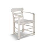A WHITE PAINTED PINE ARCMCHAIR with ladder back and slightly bowed armrests, panelled seat and