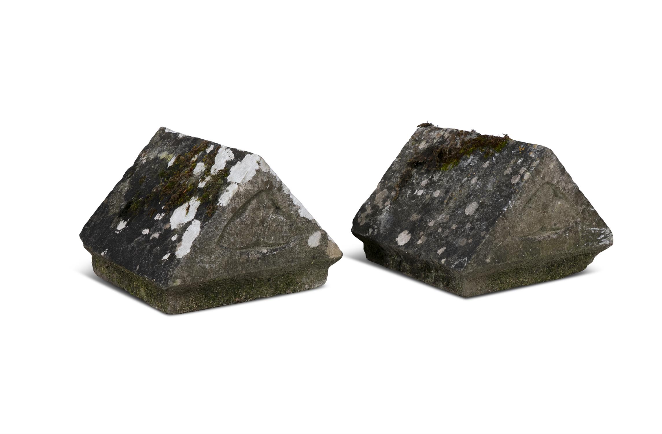 A PAIR OF EARLY 19TH CENTURY IRISH LIMESTONE PILAR CARS, of triangular form with carved - Image 2 of 5