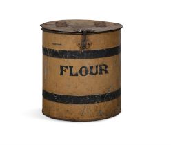 A PAINTED CYLINDRICAL METAL FLOUR BIN, with hinged top, banded body with 'FLOUR' lettering. 40.