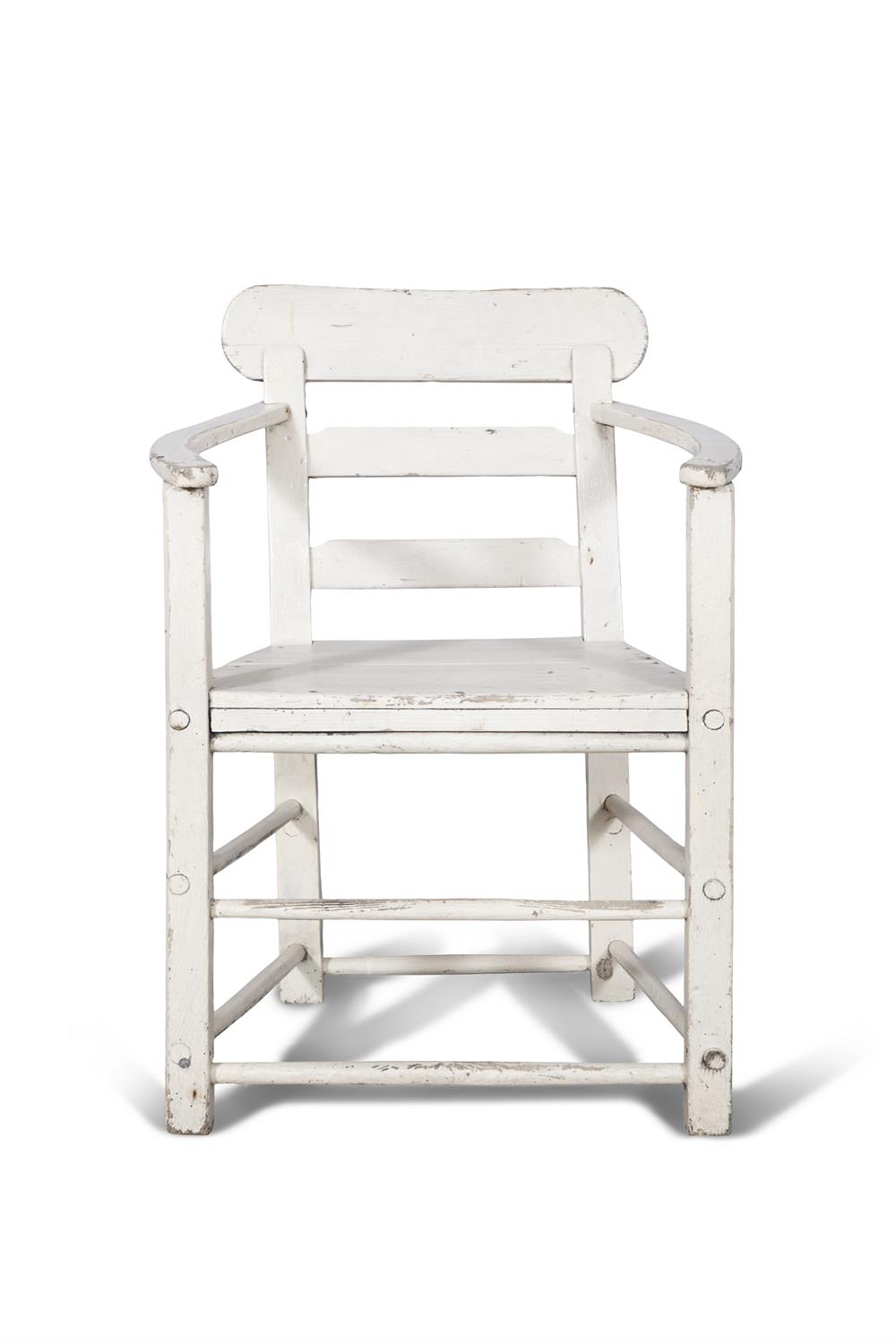 A WHITE PAINTED PINE ARCMCHAIR with ladder back and slightly bowed armrests, panelled seat and - Bild 2 aus 3