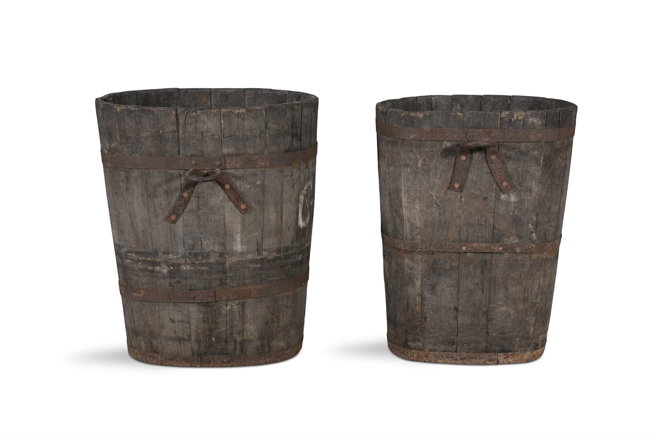 TWO 19TH CENTURY BRASS BANDED TURF BUCKETS, of shaped oval form and coopered construction, - Image 2 of 6