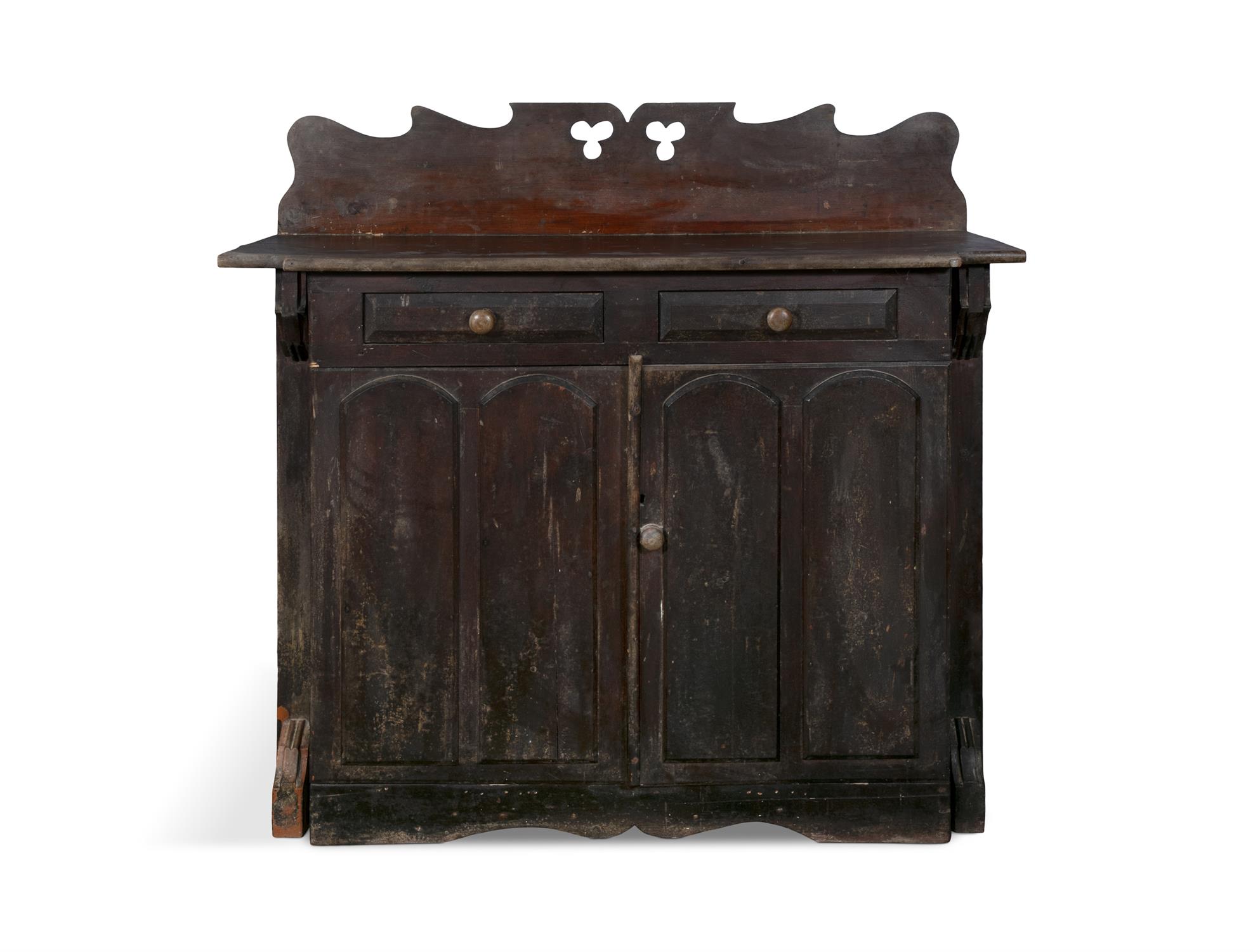 A 19TH STAINED PINE CUPBOARD, the carved and pierced gallery back on a shaped rectangular top,