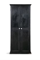 A BLACK PAINTED PINE CUPBOARD, with two twin panel doors, with turned white painted handles,