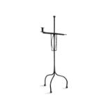 A WROUGHT IRON CANDLE STAND ON TRIPOD BASE, 109cm high