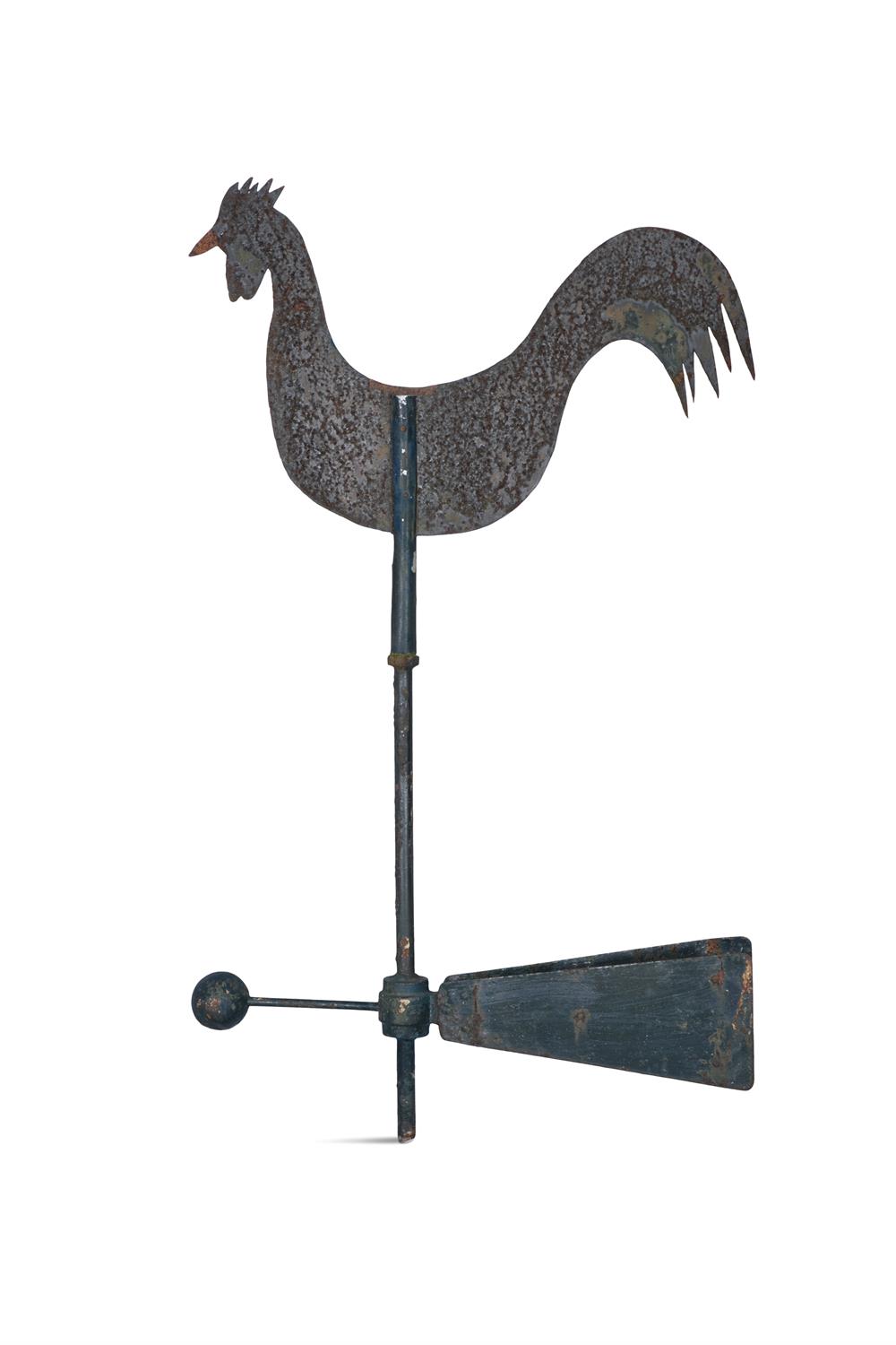 A 19TH CENTURY CAST-IRON FRAME AND TIN WEATHER VANE, in the form of a cockrel. 108cm high,
