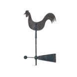 A 19TH CENTURY CAST-IRON FRAME AND TIN WEATHER VANE, in the form of a cockrel. 108cm high,