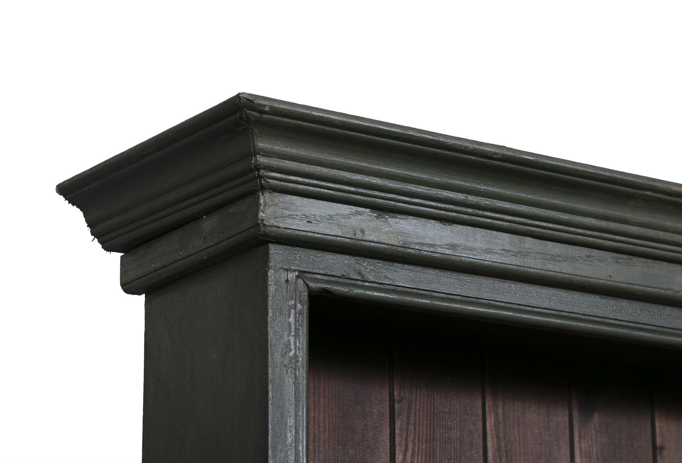 A GREEN PAINTED PINE DRESSER, the moulded cornice above two open shelves and plain slated back, - Image 4 of 4