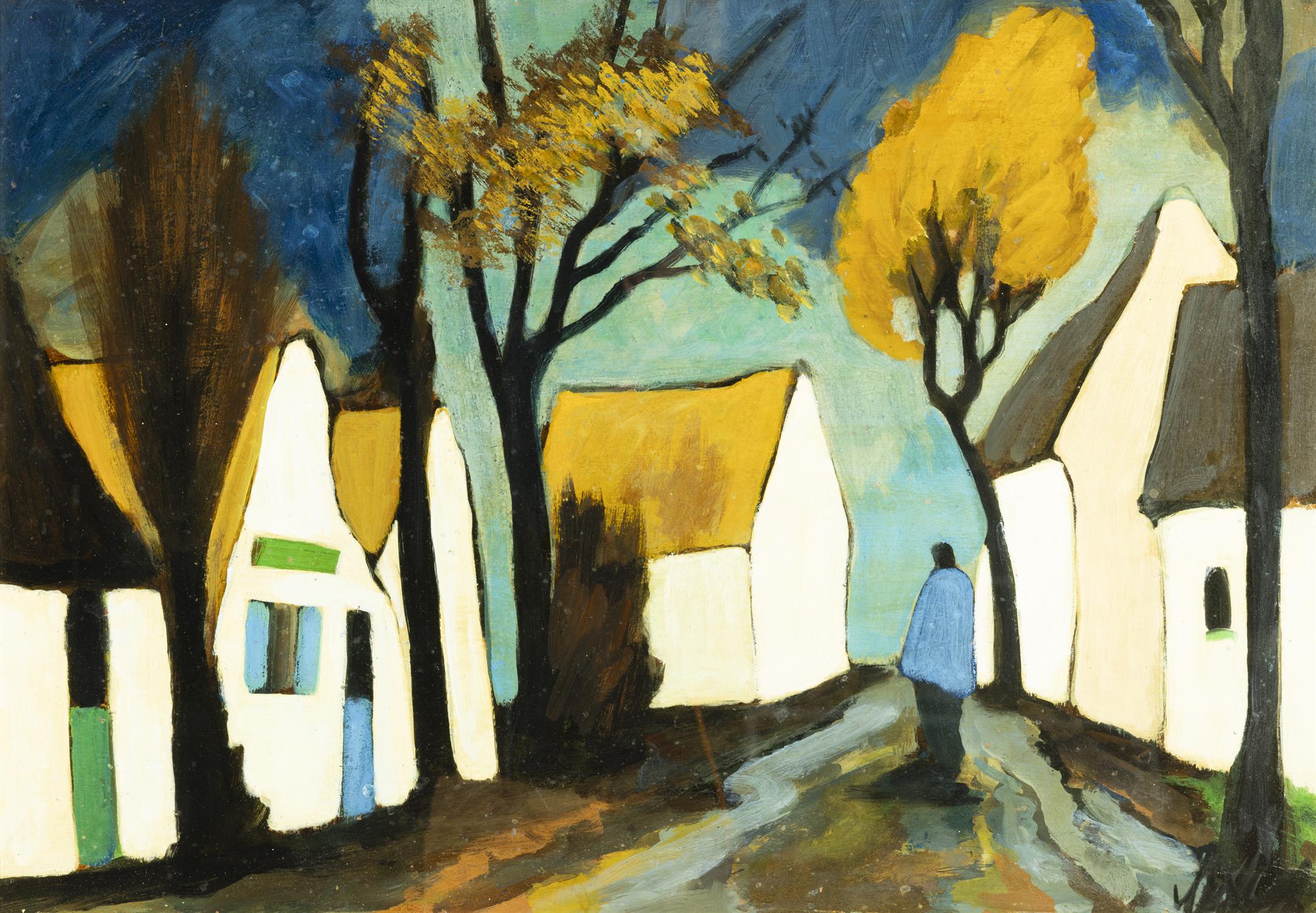MARKEY ROBINSON (1918 - 1999) Figure, Cottages and Trees Gouache on board, 51 x 74cm (20 x