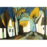 MARKEY ROBINSON (1918 - 1999) Figure, Cottages and Trees Gouache on board, 51 x 74cm (20 x