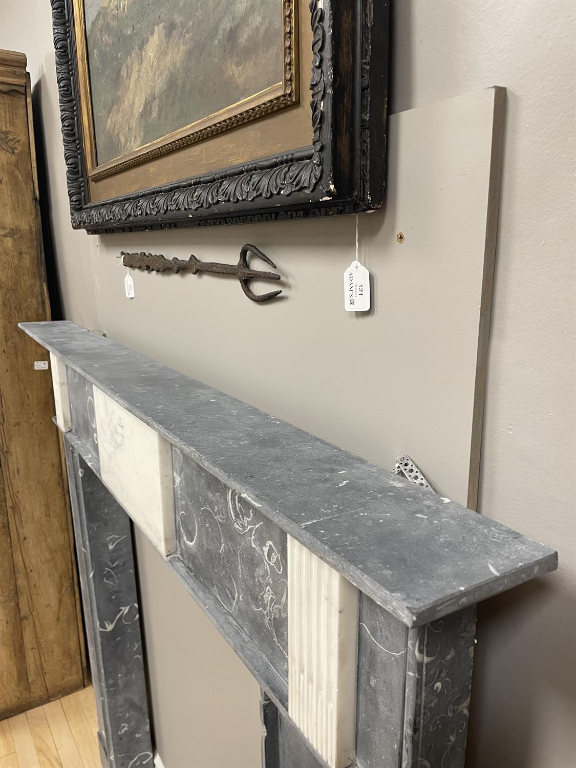 A KILKENNY BLACK MARBLE FIREPLACE C. 1800 with frieze pediment on plain column supports. - Image 7 of 13