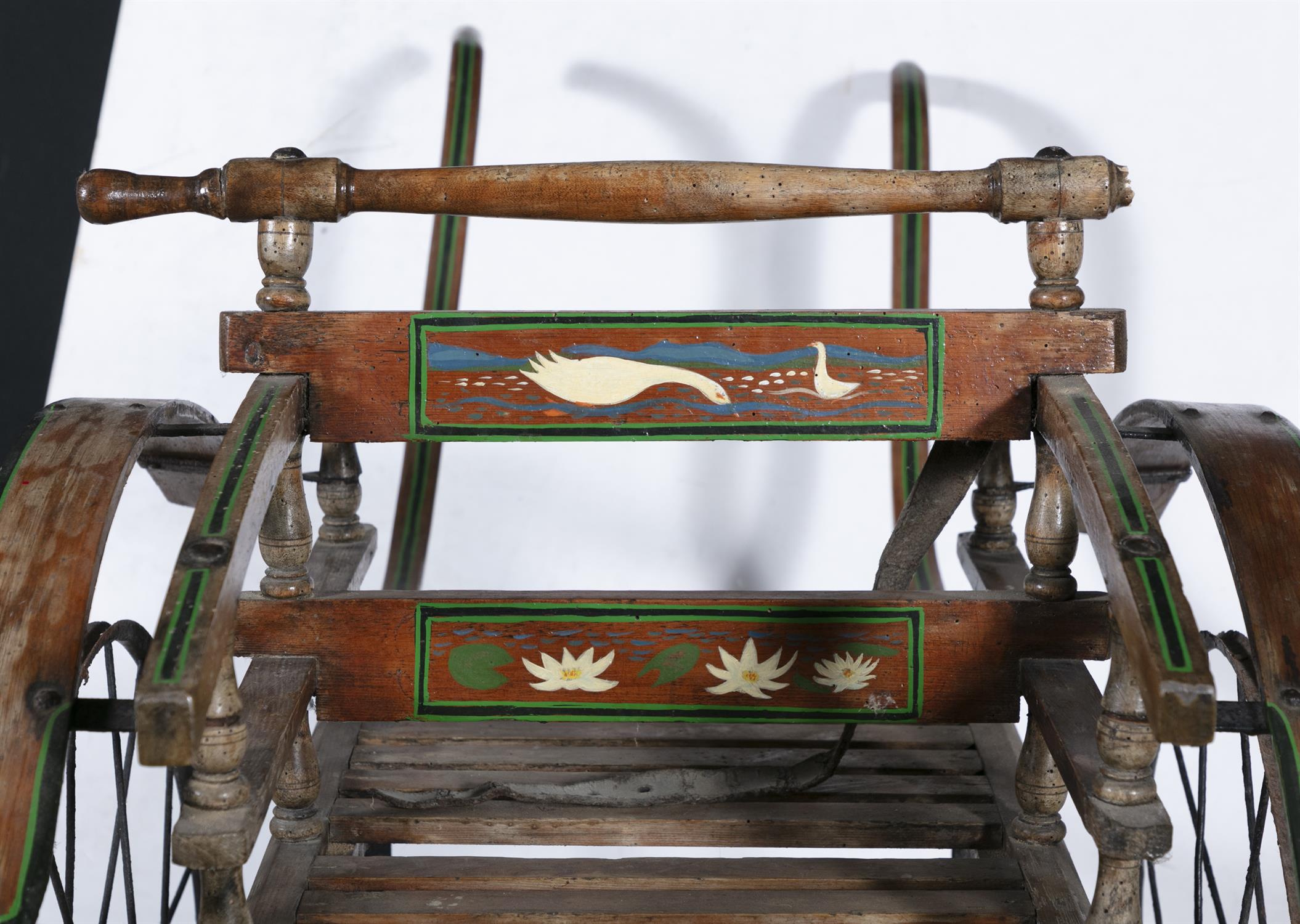 A CHILD'S PONY TRAP WITH BACK TO BACK SEATS, the timber frame with painted decoration, - Image 5 of 6
