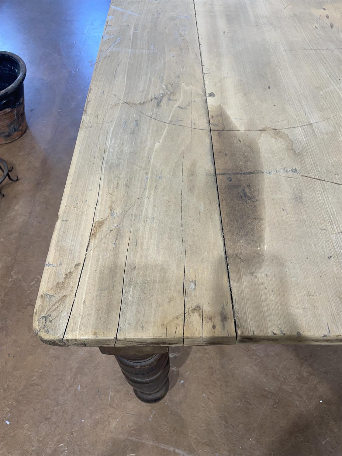 A LARGE 19TH CENTURY STAINED PINE KITCHEN TABLE WITH SYCAMORE TOP, the plain two panel top - Image 9 of 15