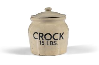 A 'MOIRA POTTERY' 15 LBS CREAM CROCK AND COVER, 26cm high, 25cm diameter