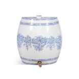 A 19TH CENTURY GLAZED CHINA WALL MOUNTED HALF BARREL, with blue transfer printed foliate