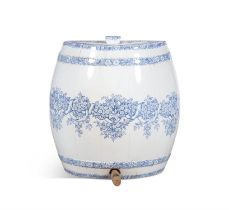 A 19TH CENTURY GLAZED CHINA WALL MOUNTED HALF BARREL, with blue transfer printed foliate