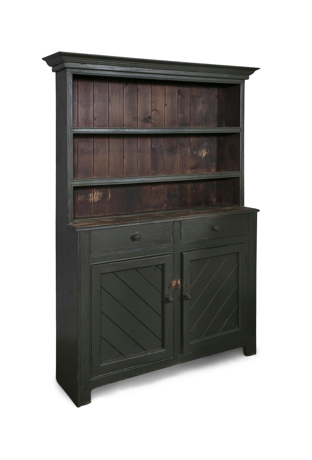 A GREEN PAINTED PINE DRESSER, the moulded cornice above two open shelves and plain slated back, - Image 2 of 4