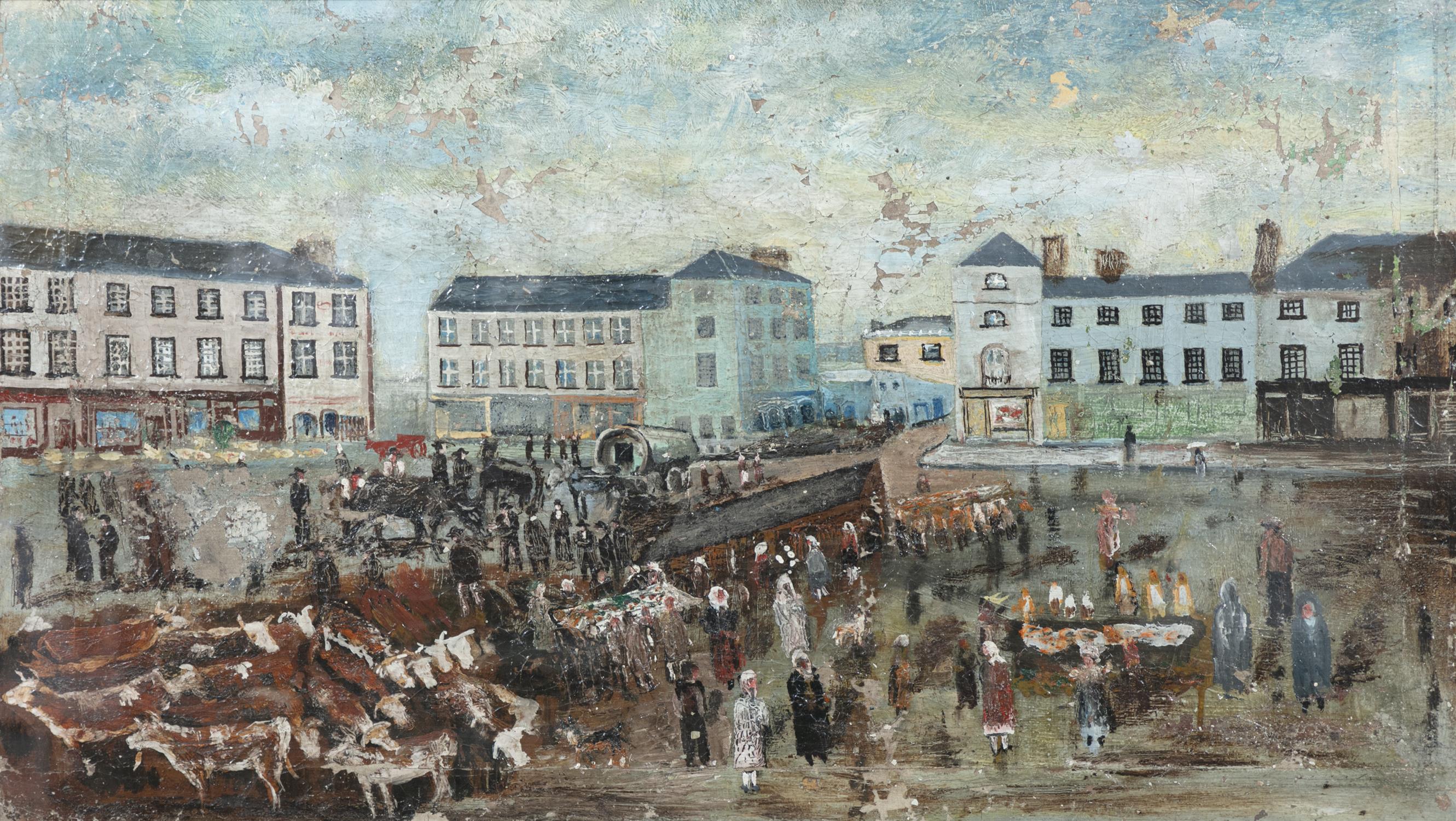 NAIVE SCHOOL (IRISH) Country Fair Scene, Dungarvan Canvas laid down on board, 36 x 62cm