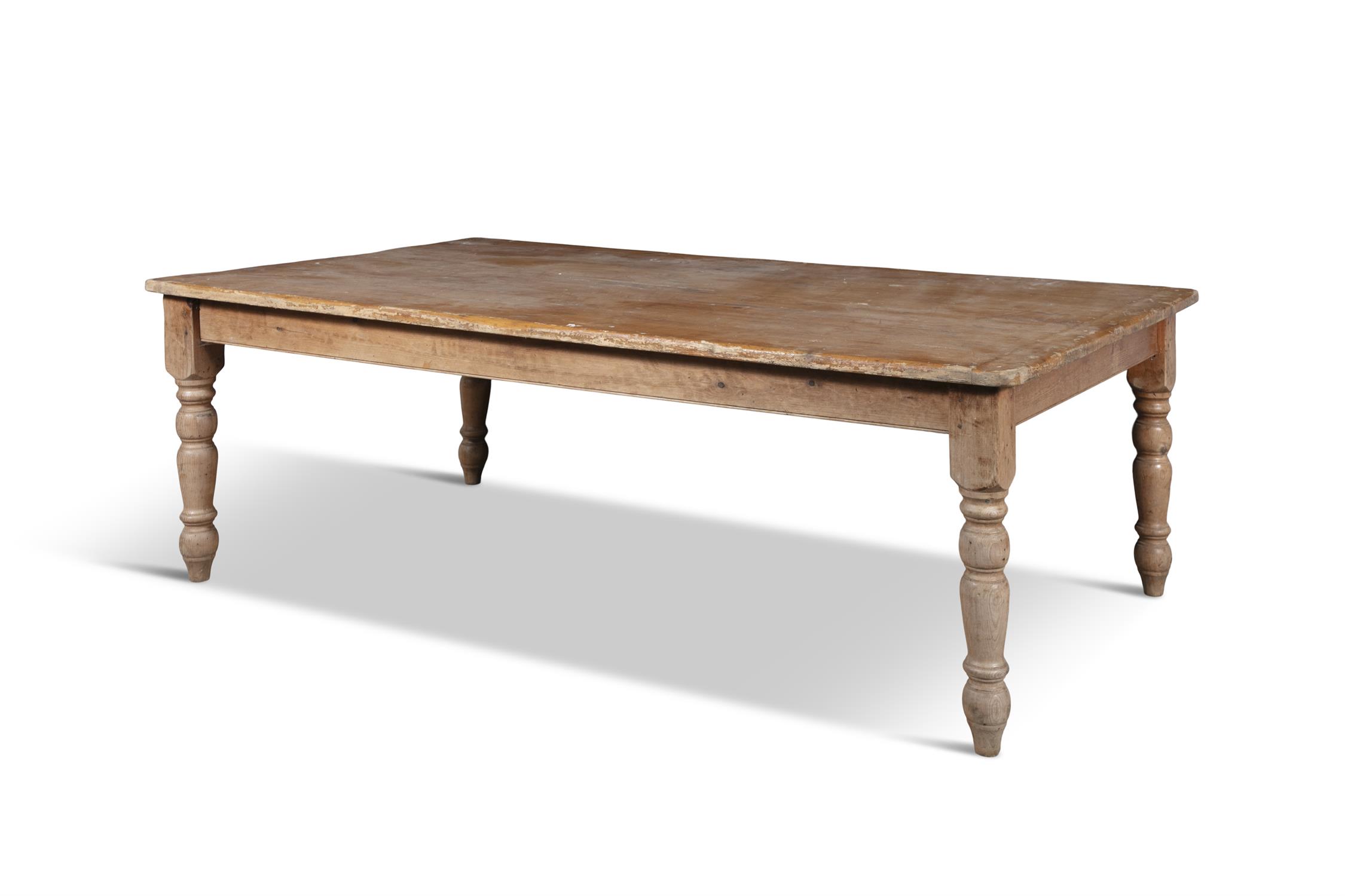 A LARGE PINE RECTANGULAR FARMHOUSE TABLE, LATE 19TH CENTURY, on turned tapering legs. - Image 3 of 10
