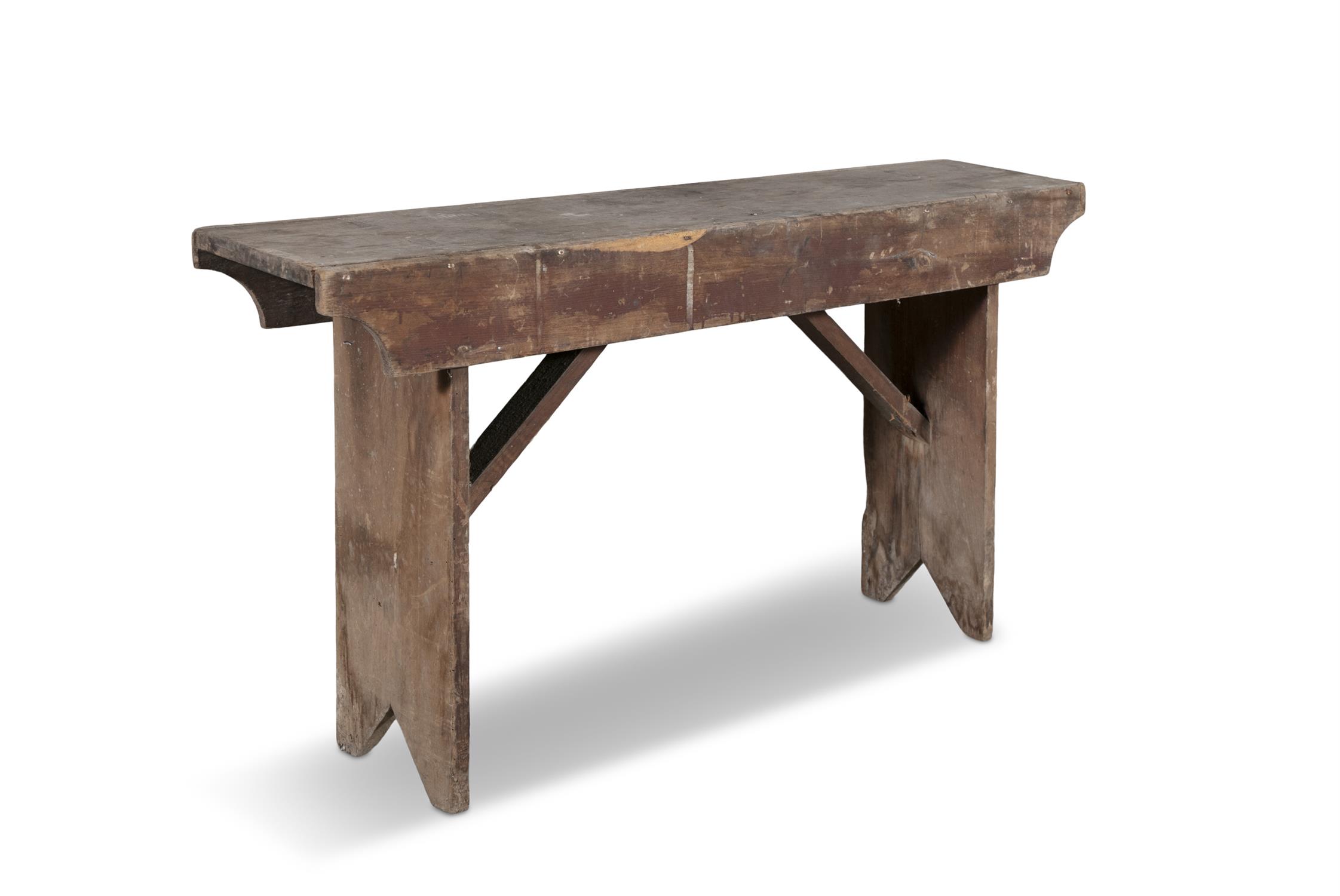 A 19TH CENTURY PINE BENCH, the plain panel seat, on slated side supports. 112cm wide, 63.5cm high - Image 2 of 3