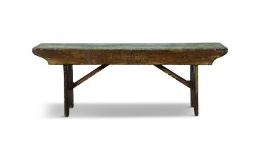 A 19TH CENTURY STAINED AND PAINTED LONG BENCH, with green painted seat above a shaped frieze