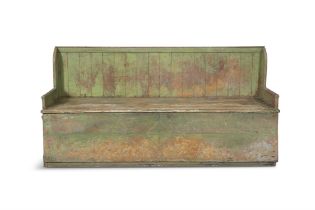 A 19TH CENTURY VARIEGATED GREEN PAINTED PINE SETTLE BED, the slatted back above a plain seat,