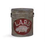 A TOLEWARE CYLINDRICAL CONTAINER WITH LID AND CARRYING HANDLES, painted with a pig and 'LARD',