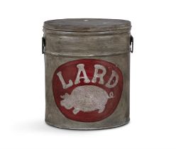 A TOLEWARE CYLINDRICAL CONTAINER WITH LID AND CARRYING HANDLES, painted with a pig and 'LARD',