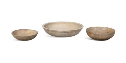 THREE 19TH CENTURY SYCAMORE CIRCULAR BOWLS 31cm diameter; 37cm diameter; 22cm diameter