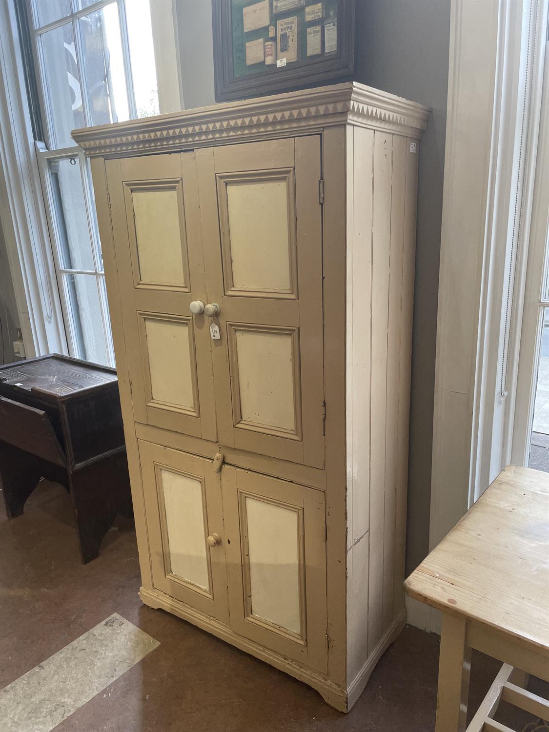 A 19TH CENTURY PAINTED PINE CUPBOARD, the cornice with saw-tooth dentil moulding above two twin - Image 13 of 14