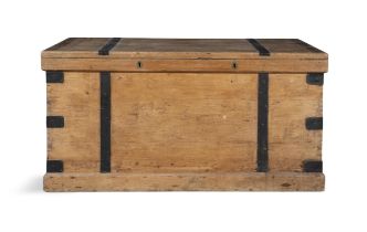 A LARGE STRIPPED PINE, IRON-BOUND, RECTANGULAR CHEST, with hinged lid, interior compartment,