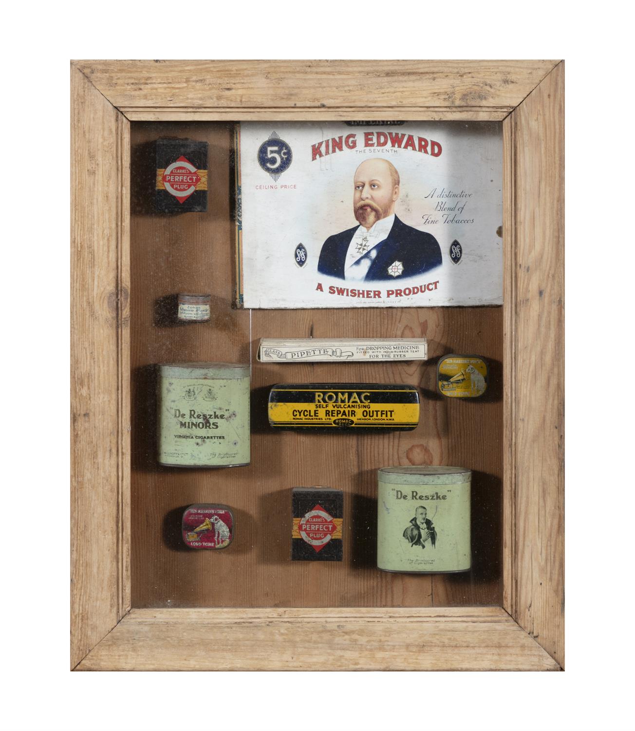 A STRIPPED PINE WALL DISPLAY CASE, containing tobacco products and other paraphernalia, 45.