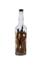 AN UNUSUAL IRISH FOLK ART 'GOD IN A BOTTLE' with liquid, using an American whiskey bottle.