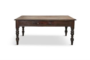 A 19TH CENTURY PINE FARMHOUSE TABLE, three panel top with thumb moulded rim, single frieze