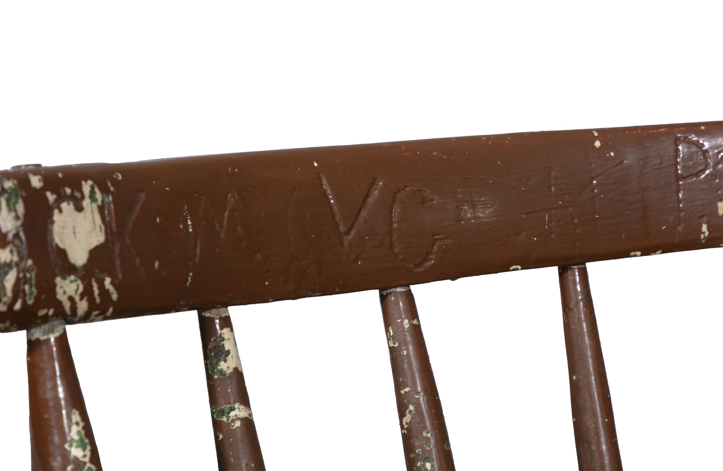 A PAINTED TIMBER HEDGE CHAIR the carved rail back with inscribed initials on spindles with plain - Image 3 of 3