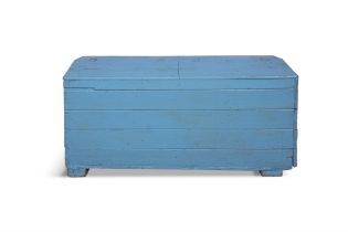 A 19TH CENTURY BLUE PAINTED PINE MEAL BIN, the twin hinged slope front above graduated slated