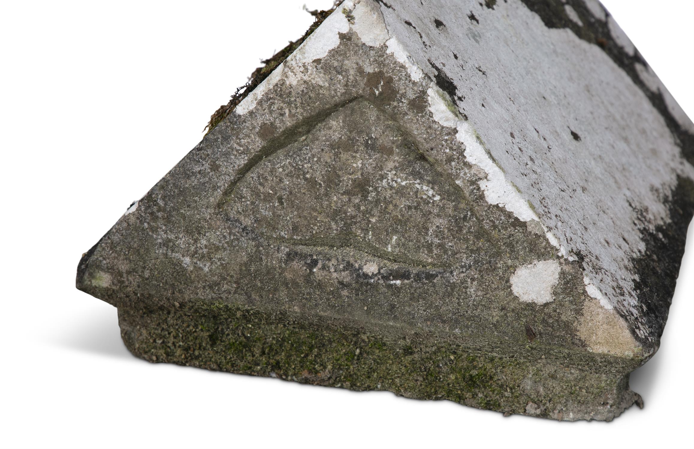 A PAIR OF EARLY 19TH CENTURY IRISH LIMESTONE PILAR CARS, of triangular form with carved - Image 3 of 5