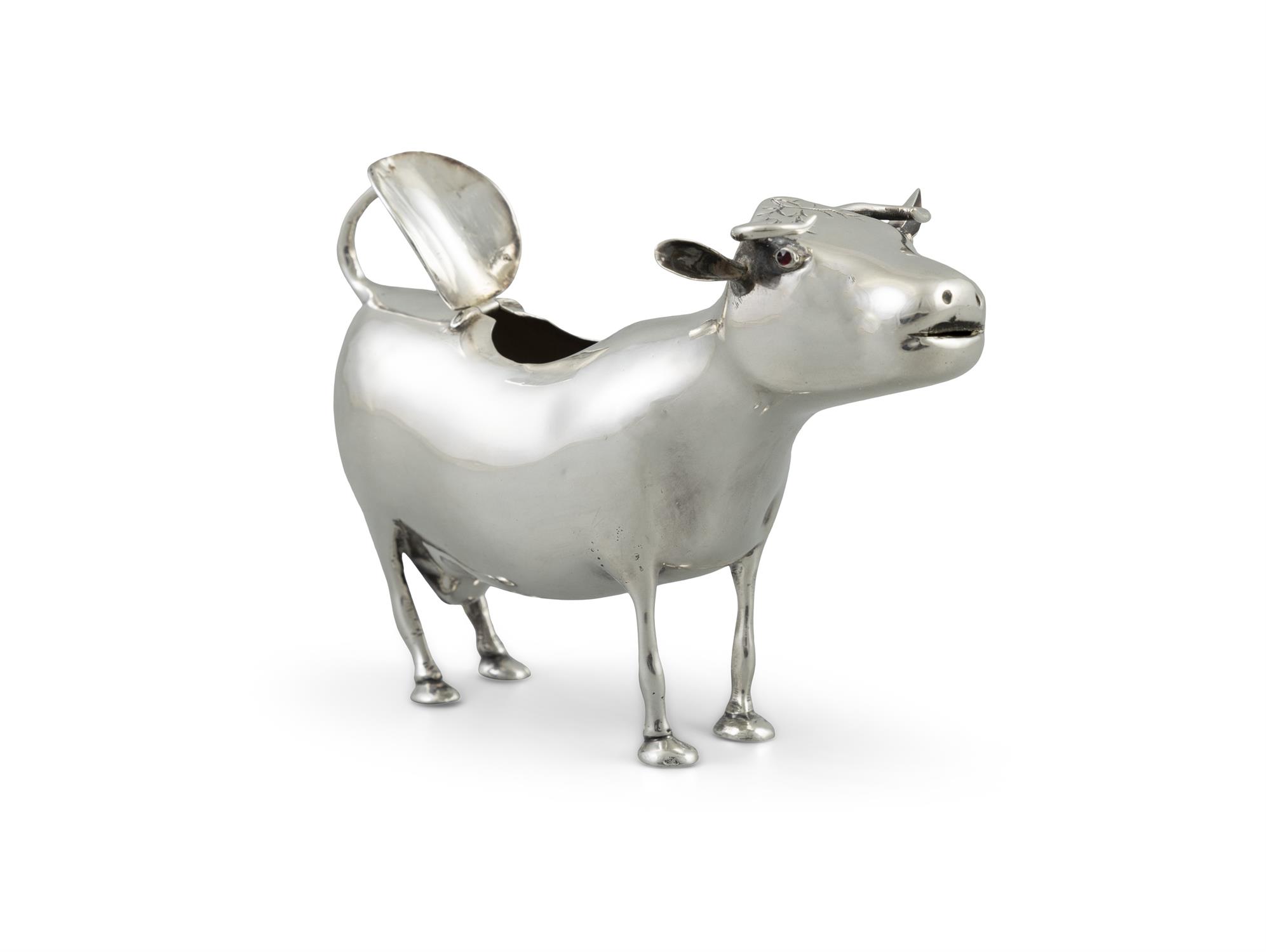 A WHITE METAL COW CREAMER makers mark 'MG', other marks rubbed, modelled standing, - Image 2 of 3