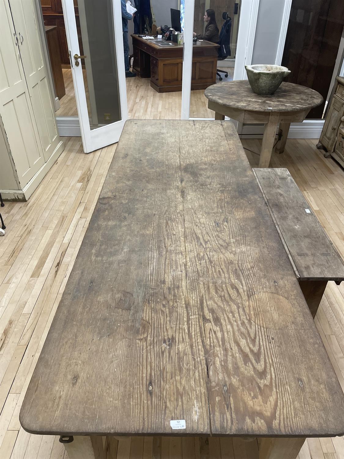 A 19TH CENTURY PITCH PINE FARMHOUSE TABLE, the two-plank rectangular top with rounded corners, - Image 9 of 10