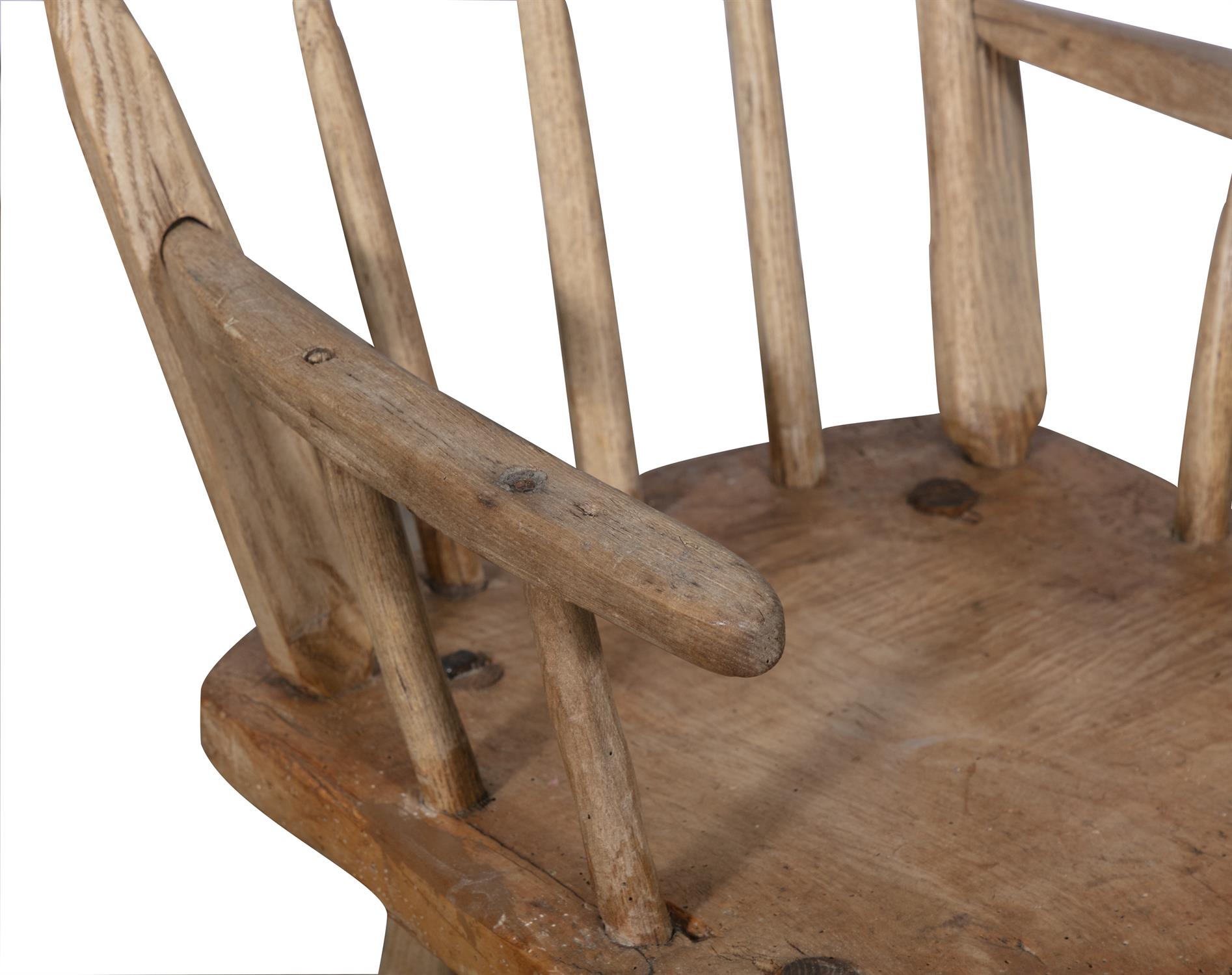 A STAINED TIMBER HEDGE CHAIR with carved rail backs, and spindle supports, plain armrest and - Image 3 of 3