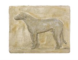 A PLASTER PLAQUE DEPICTING A PROFILE OF AN IRISH WOLFHOUND, 29 x 27cm