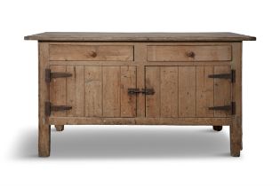 A 19TH CENTURY PINE KITCHEN CUPBOARD, of rectangular form with a plain three panel top,