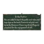 A GREEN AND WHITE PAINTED TIMBER ESTATE SIGN, 'TO THE PUBLIC, YOU ARE ASKED TO KEEP THE PATHS